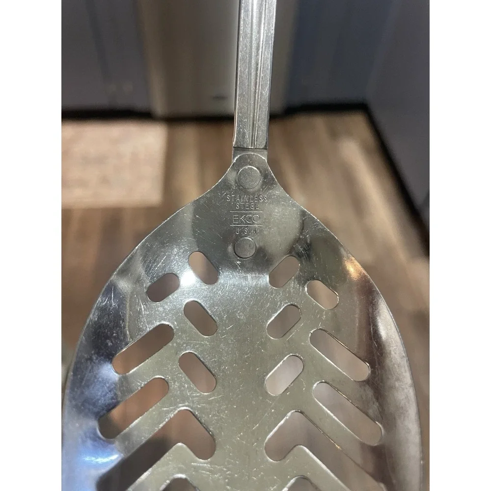 Vintage Ekco Slotted Spoon Serving Spoon Faux Wood Grain Handle